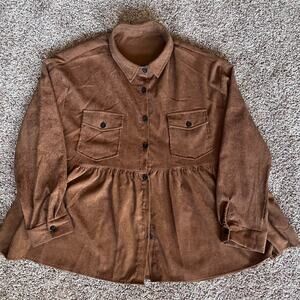 Brown Corduroy Babydoll‎ Peplum Button Down Shirt